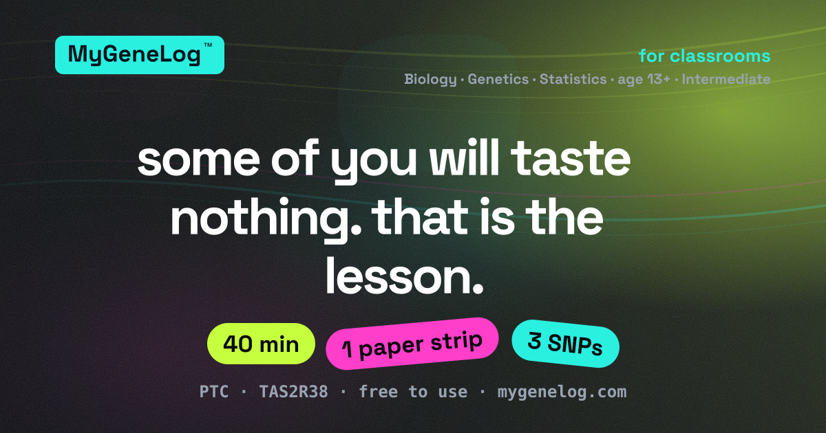 A strip of paper on a dark background with the words "some of you will taste nothing" — the cover for a free classroom genetics lesson.