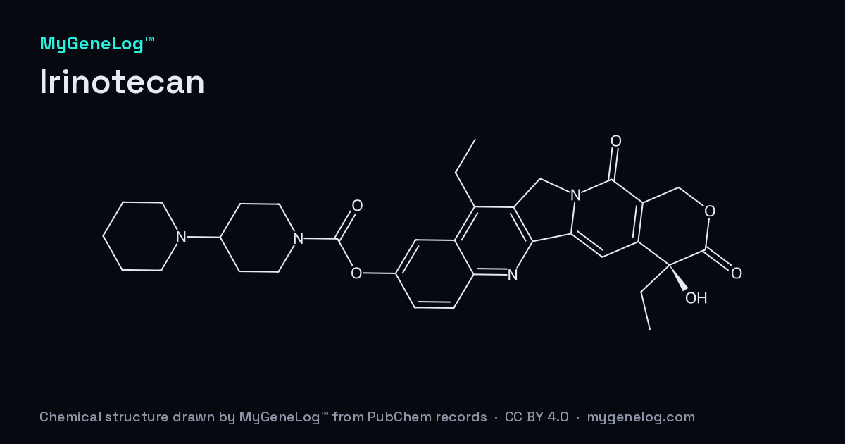 이리노테칸의 화학 구조: irinotecan. MyGeneLog™가 PubChem 기록으로 그린 그림