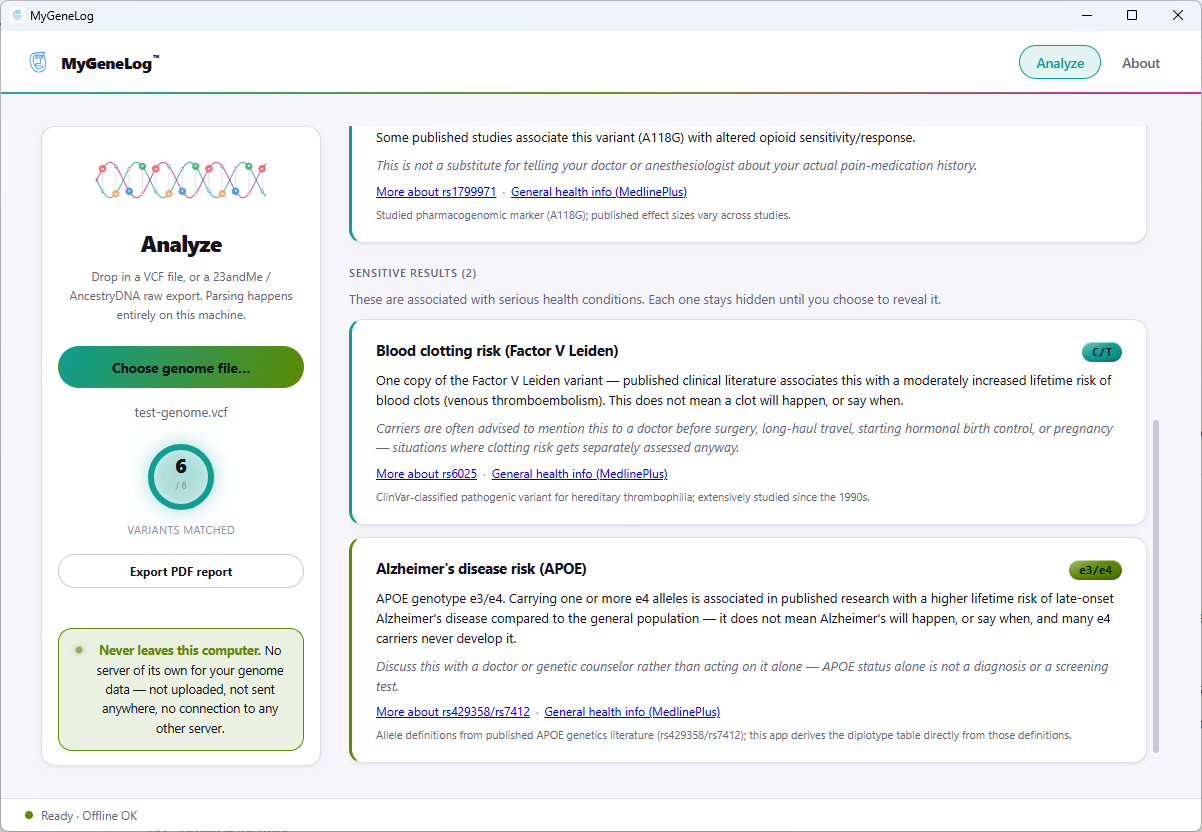 MyGeneLog desktop app showing a plain-language variant result